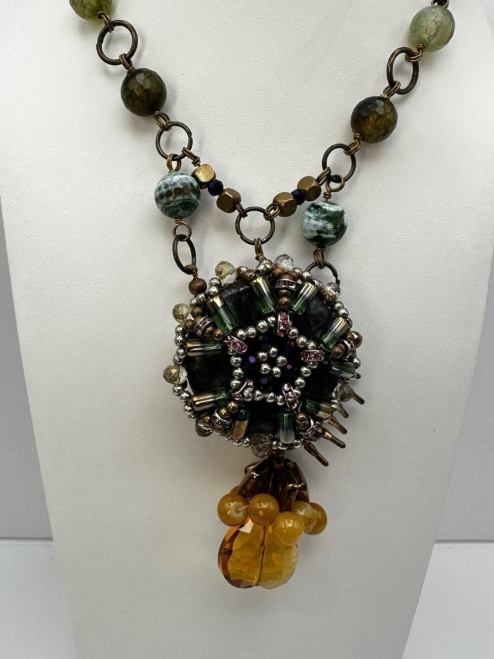 Vintage 90s Stone Bead Statement Necklace Boho Lobster Clasp Women's Jewelry